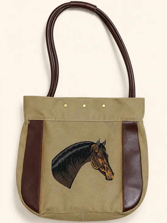 Vintage Horse Embroidered Canvas Tote Brown Leather Trim Bag