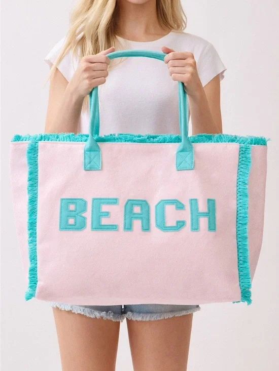 Terry Cloth Fringe Beach Tote Bag Pink and aqua color