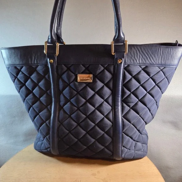 St John Navy Blue Quilted Nylon Tote Bag Leather Trim Gold Hardware Luxury