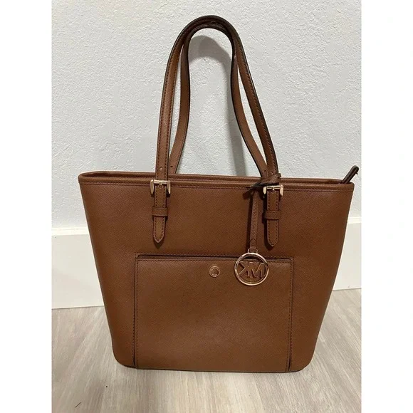 Michael‎ Kors Brown Leather Tote Bag Gold Tone MK Logo