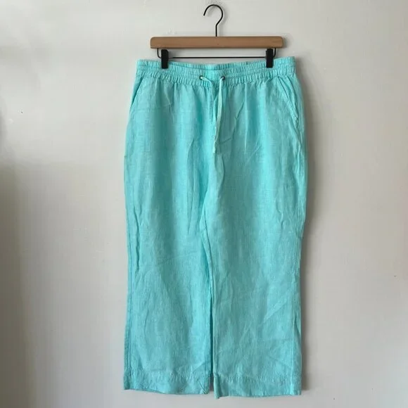 Foxcroft Aqua Blue Linen Wide Leg Pants Women's Size Large