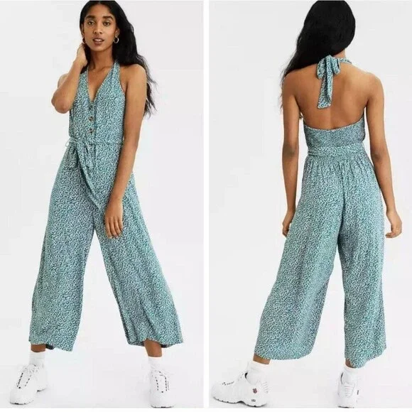 American Eagle Green White Ditsy Floral Print Halter Jumpsuit Size Small