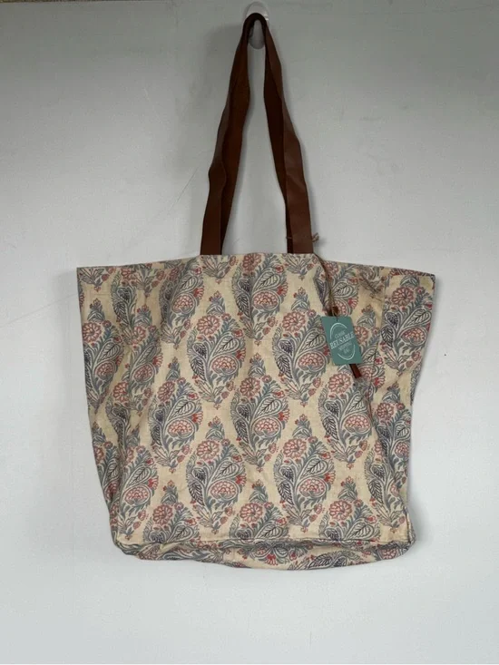 NWT Patterned Canvas Tote Bag with Tan Faux Leather Handles and Tassel