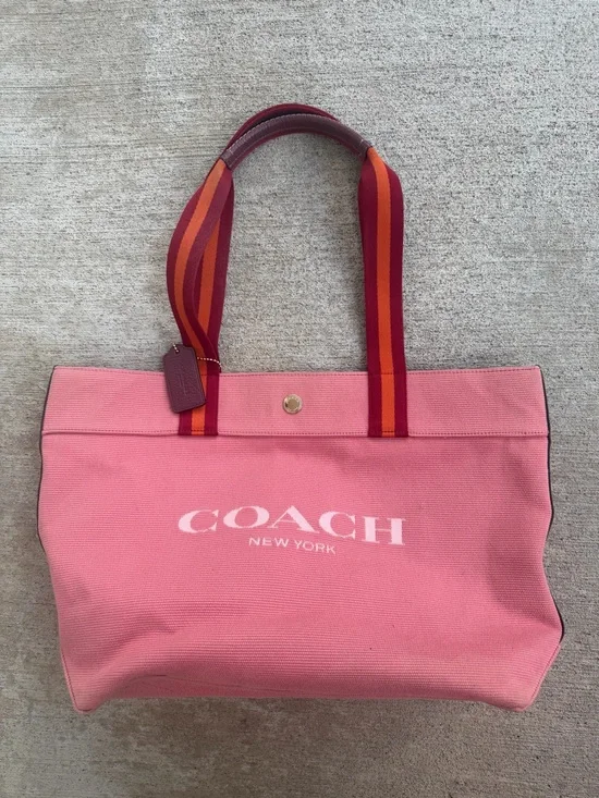COACH Pink Canvas Tote Bag Stripe Handles C8293 18”x 11”x 6”