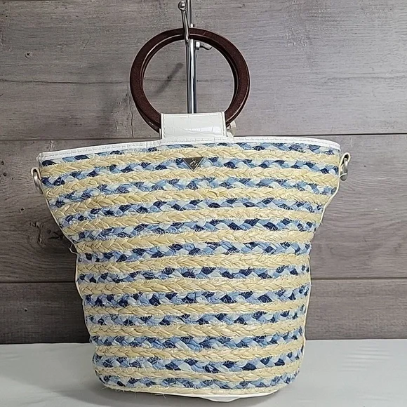 Sam Edelman Straw/Leather Bucket Tote Handbag