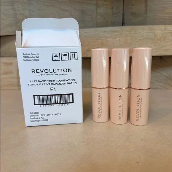 Makeup Revolution Fast Base Stick Foundation in shade F1. Comes in a set of 3.‎