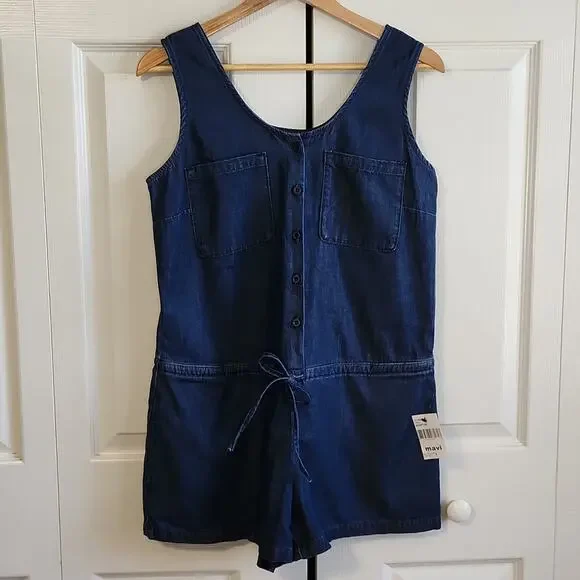 Mavi Women's Krista Rinse‎ Light Denim Romper Size SM Button Down Tie Waist Y2K