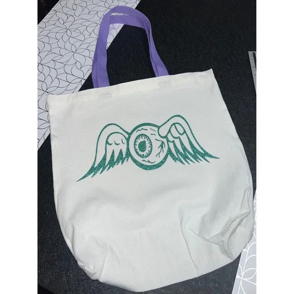 Flying Eyeball Graphic Canvas Tote Bag White Purple Green Excellent