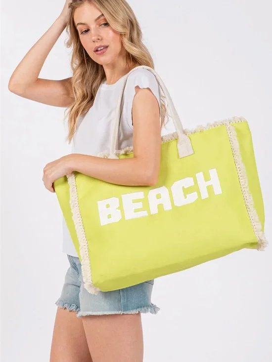 Stylish Lime Beach Tote Bag with 'BEACH' Print