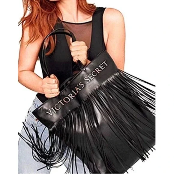 NWT Victoria's Secret Limited Edition black‎ faux leather fringe tote bag