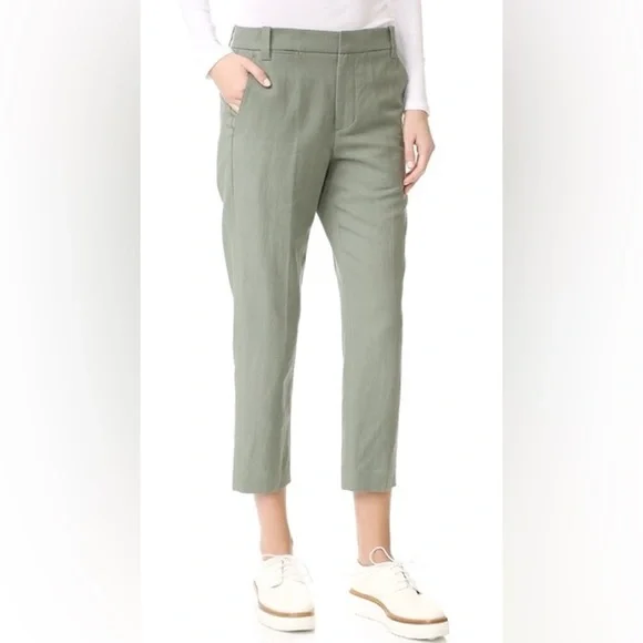 Vince Coin Pocket Linen Cotton Straight Leg Cropped Pants Sage‎ Green 0