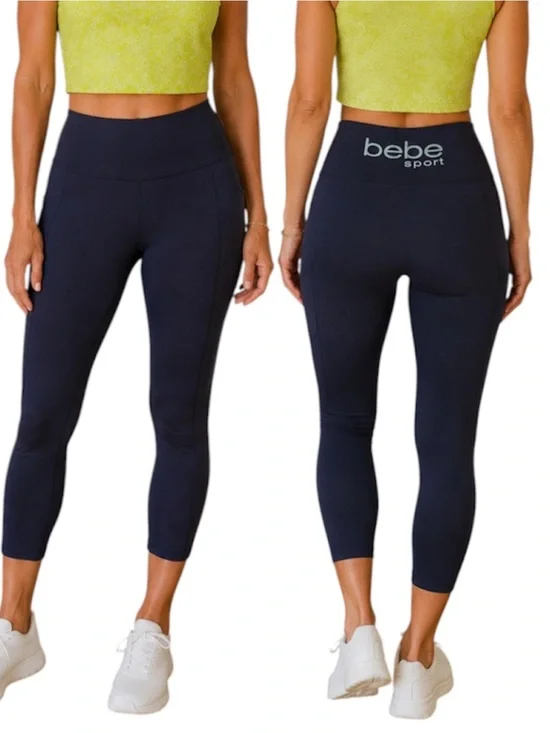 Bebe Sport Cropped Leggings Y2K Millennial Silver Logo Size S Activewear Fitness