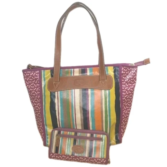 Fossil Key Per Canvas Tote Purse & Wallet Floral Striped Leather Top Handle Bag