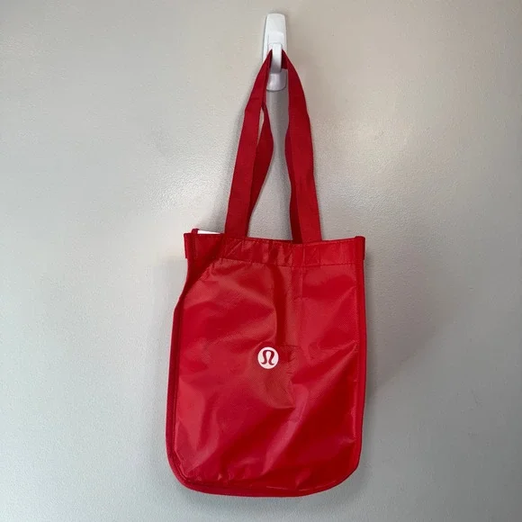 Lululemon Athletica Small Reusable Shopping Tote Bag Red White Logo Snap Closure