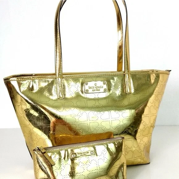 Kate Spade 2pc set Metro Spade Gold Tote and matching NWT Shiloh Pouch Set $356