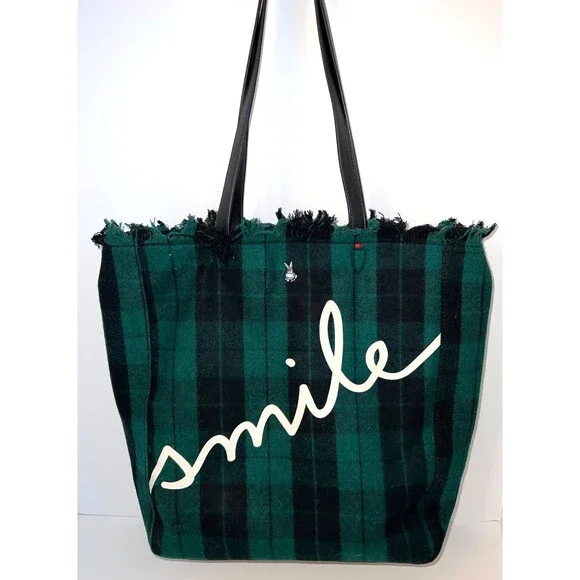 Tartan Green Embellished Tote Smile ED w/ Rabbit Embellishment Shoulder‎ Bag