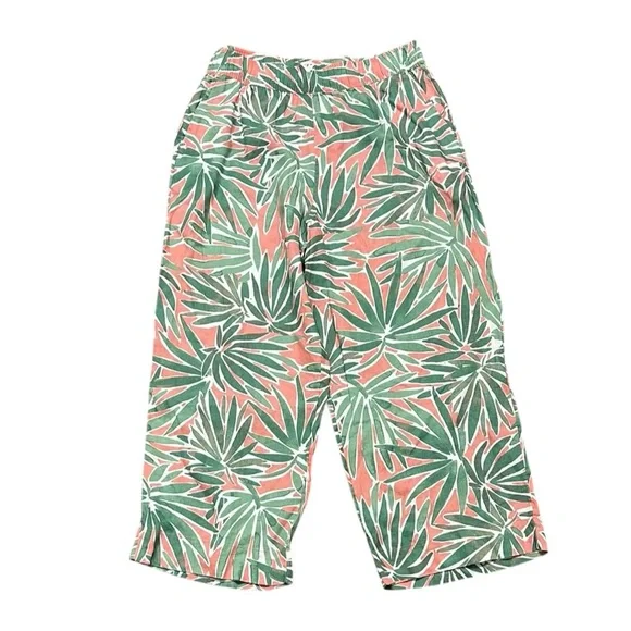 Sigrid Olsen Linen Pants Large Tropical Palm Print Cropped Beachy