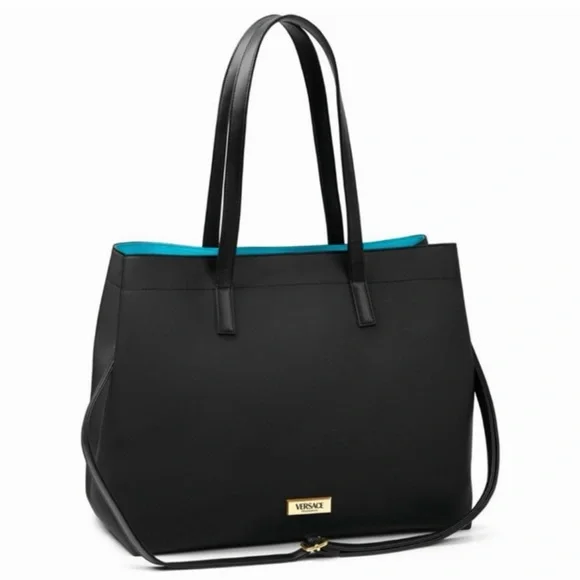 VERSACE NEW Black Tote Handbag with Blue Interior