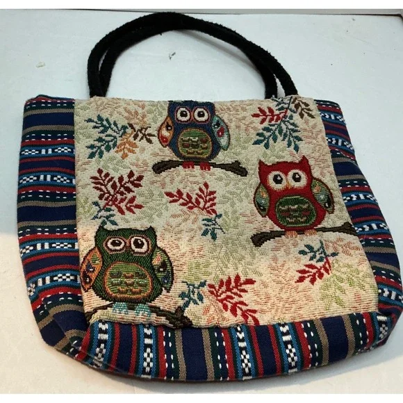 Vintage Owl Tapestry Tote Bag Boho Striped Woven Handbag Small