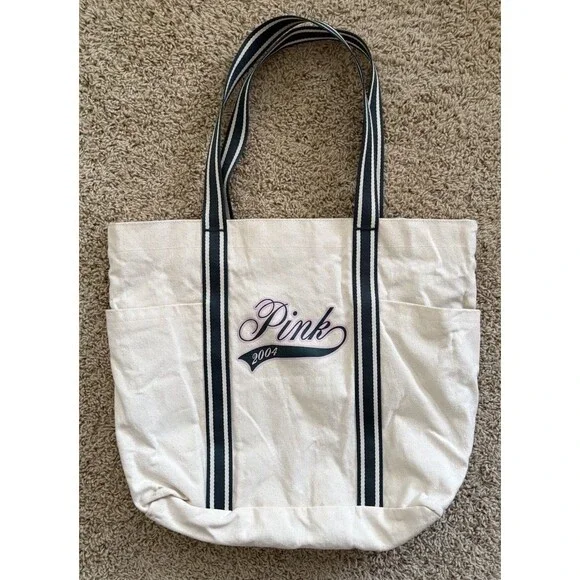 Victoria's Secret PINK 2004 Vintage Tote Bag Green Varsity Stripe Canvas Pocket