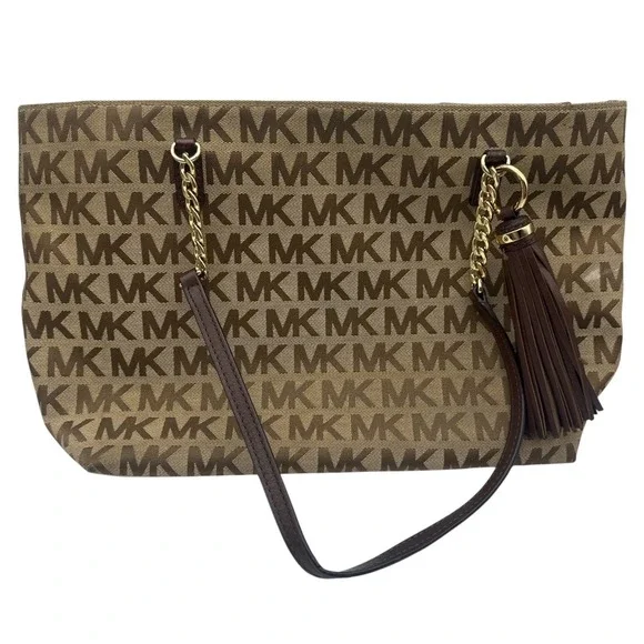 Michael Kors Tote Bag Women Large Brown MK Signature Monogram Canvas Tassel