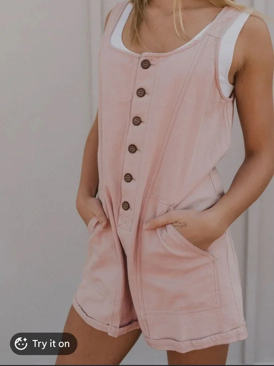 Maya Cotton Twill Button Romper in Dusty Pink pockets small