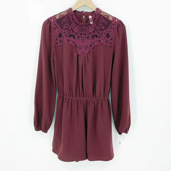 Xhilaration Womens Romper M Maroon Long Sleeve Youthful Charm Lace Yoke Feminine