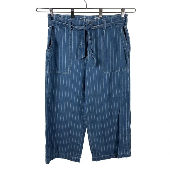 Seven7 Wide-Leg Cropped Pant Womens 14 Blue Pinstripe High Rise Nautical Coastal