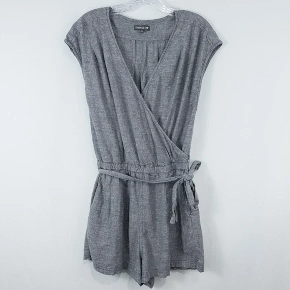 Toad & Co Tara Hemp Romper Medium V Neck Faux Wrap Blue Gray Minimalist‎ Granola