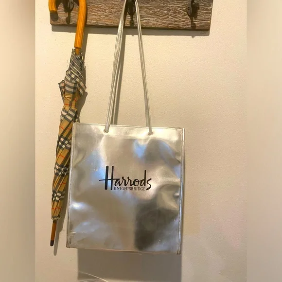 Harrods Knightsbridge Silver Long Handle Tote Nylon Coated with PVC