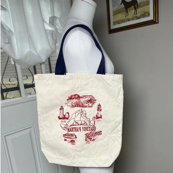 Martha's Vineyard Canvas Tote Bag Coastal Nautical Red Graphic Beach Bag OS