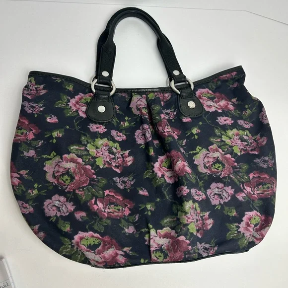 Vintage LUCKY Hobo Floral Cotton Black Tote Bag Leather Trim and Straps