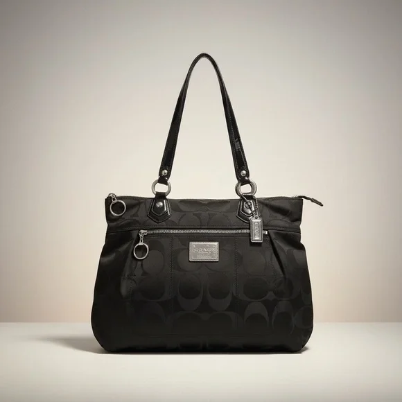 ✨ Coach Poppy Black Signature Tote Pink Satin Lining Patent Trim EUC