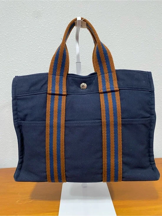 Navy Canvas Tote Bag with Striped Brown Handles