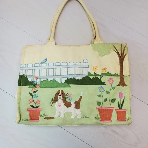 Canvas Tote Bag Embroidered Dog‎ Garden Scene Yellow Handles Snap Closure