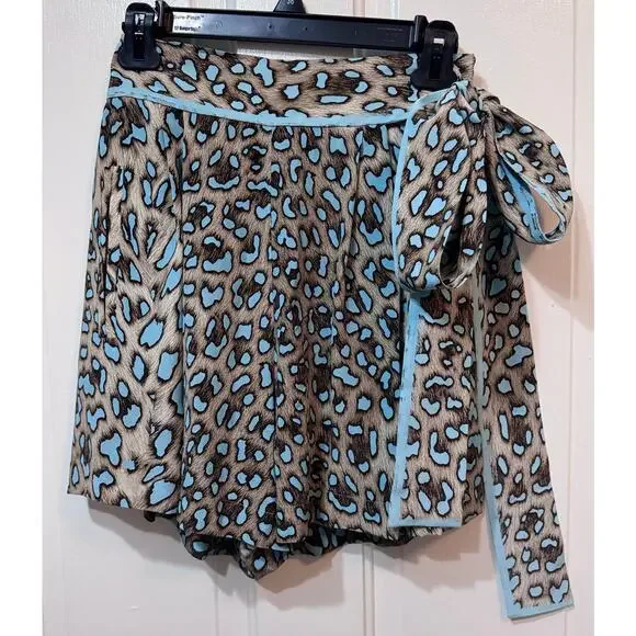 Roberto Cavalli 100% Silk Blue Animal Print Wrap Bow Shorts Size 38