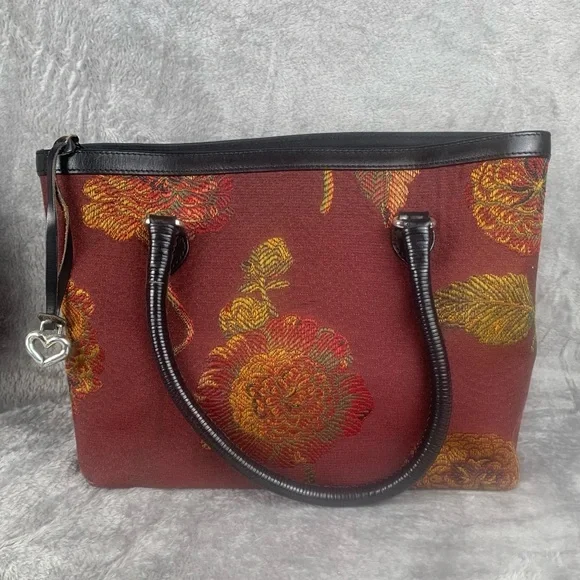 BRIGHTON Roses Tapestry & Leather Floral Tote Bag‎ Shoulder Braided Handle Purse