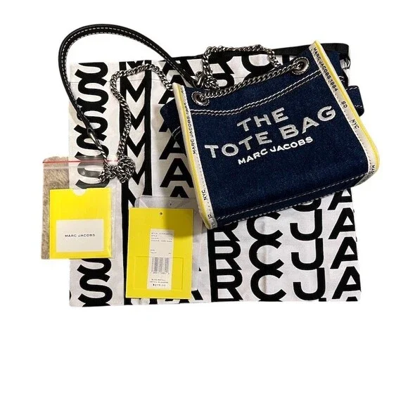 Marc Jacobs The Tote Bag Womens Denim Chain Crossbody Dark Wash Blue