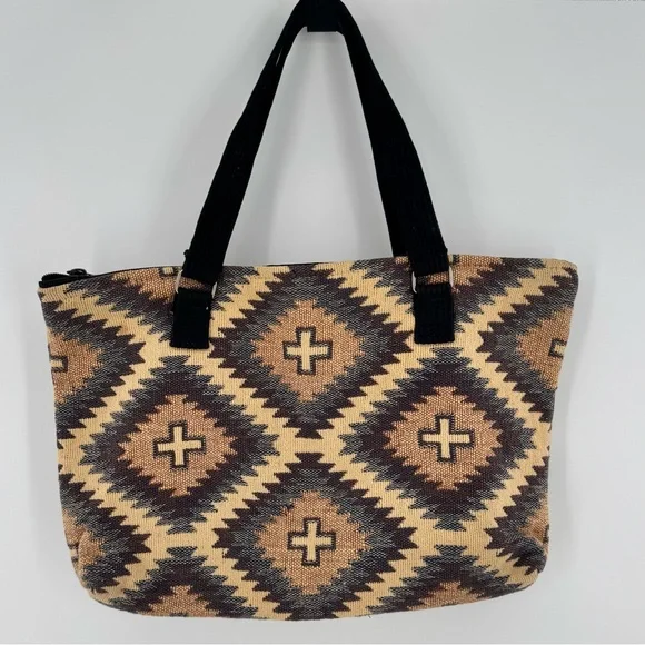 El Paso Saddle Blanket‎ Beige Brown Southwestern Aztec Print Zip Tote Bag Woven
