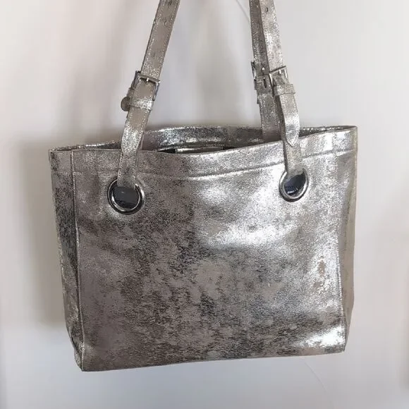 CoFi ERIN Metallic Suede XL Leather Tote Double Adj Handles In Platinum NWOT
