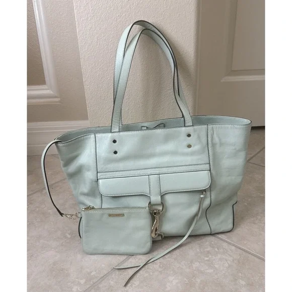 NWOT Rebecca Minkoff‎ Large Mint Green Leather Tote Shoulder Bag Handbag & Pouch