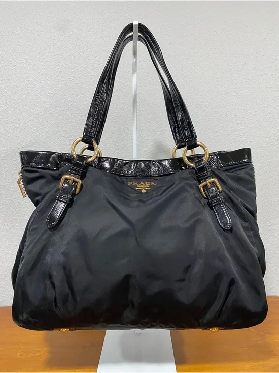Black Nylon Tote Bag with Patent Leather Trim