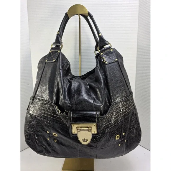Vintage Y2K Juicy Couture Large Leather Shoulder‎ Bag Tote In Black