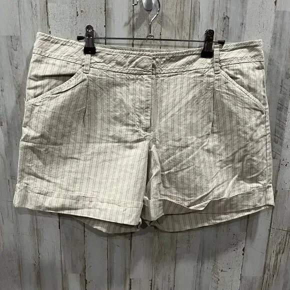 Loft Tan Stripe Linen Cotton Cuffed Shorts Womens Size 12 Pockets Summer