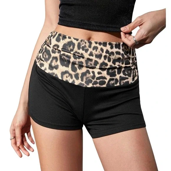 RoseSeek Women Black Leopard Print Ruched Low Rise Mini Shorts Slim Fit Y2K XL‎