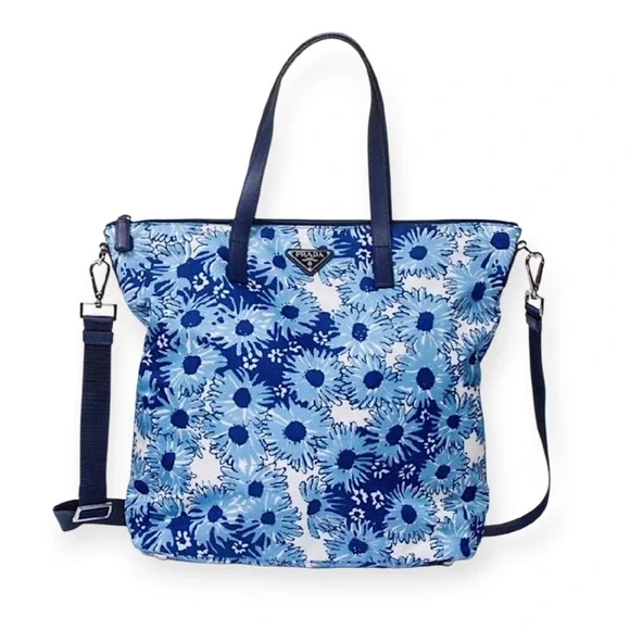 Prada Blue Saffiano Tessuto‎ Zainetto Stampata Floral Nylon Leather Tote Bag