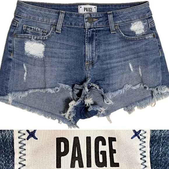PAIGE Daryn Short Juno Destructed Denim Cutoff Denim Shorts Small Size 25