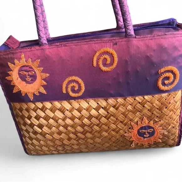 Purple and Tan Sun Embroidered Tote Bag boho indie