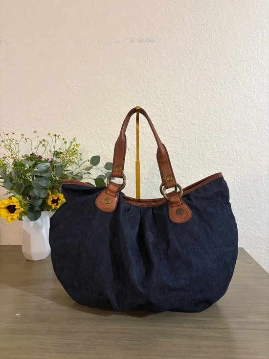 Lucky Brand Dark Blue Canvas Tote with Brown Leather Trim