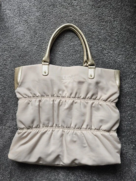 GUESS Cream Ruched Tote with Gold Handles